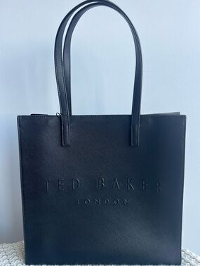 Ted Baker London Black Large Tote Bag Embossed Logo Structured Shopper NWT
